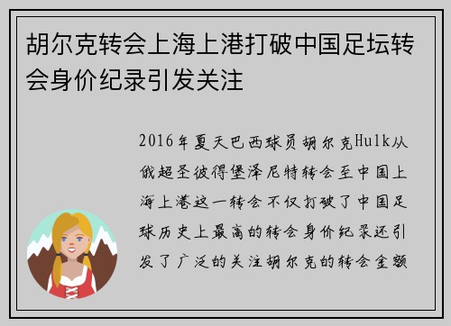 胡尔克转会上海上港打破中国足坛转会身价纪录引发关注